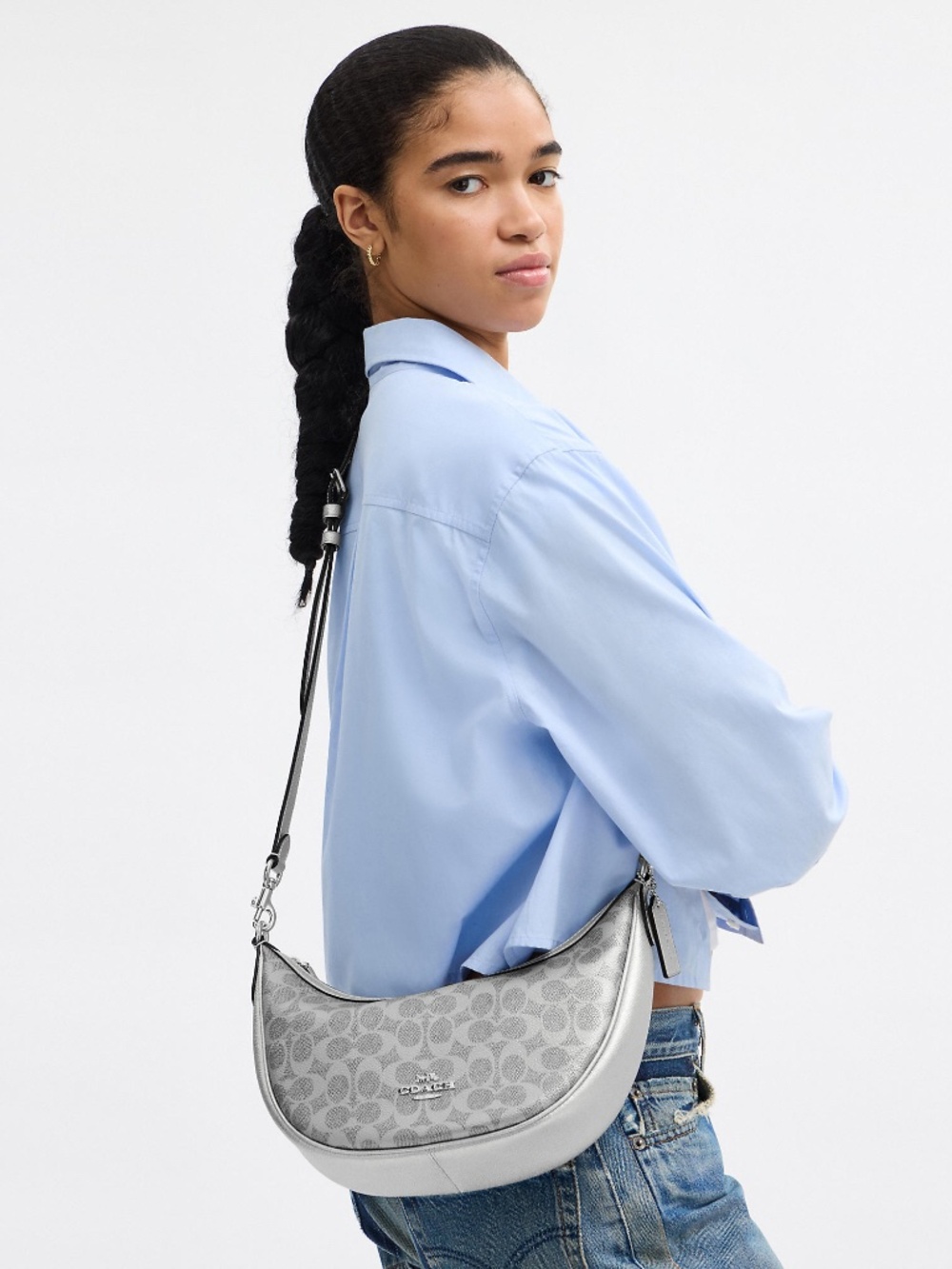 Coach Outlet Aria Shoulder Bag In Signature Canvas Metallic Leather Silver - Picture 2 of 2
